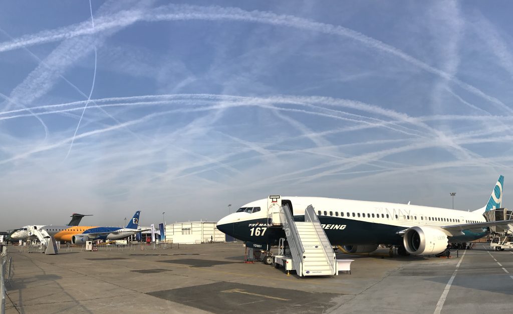 Boeing's 737 Max and Embraer's E195-E2 on display at the 2017 Paris Air Show.