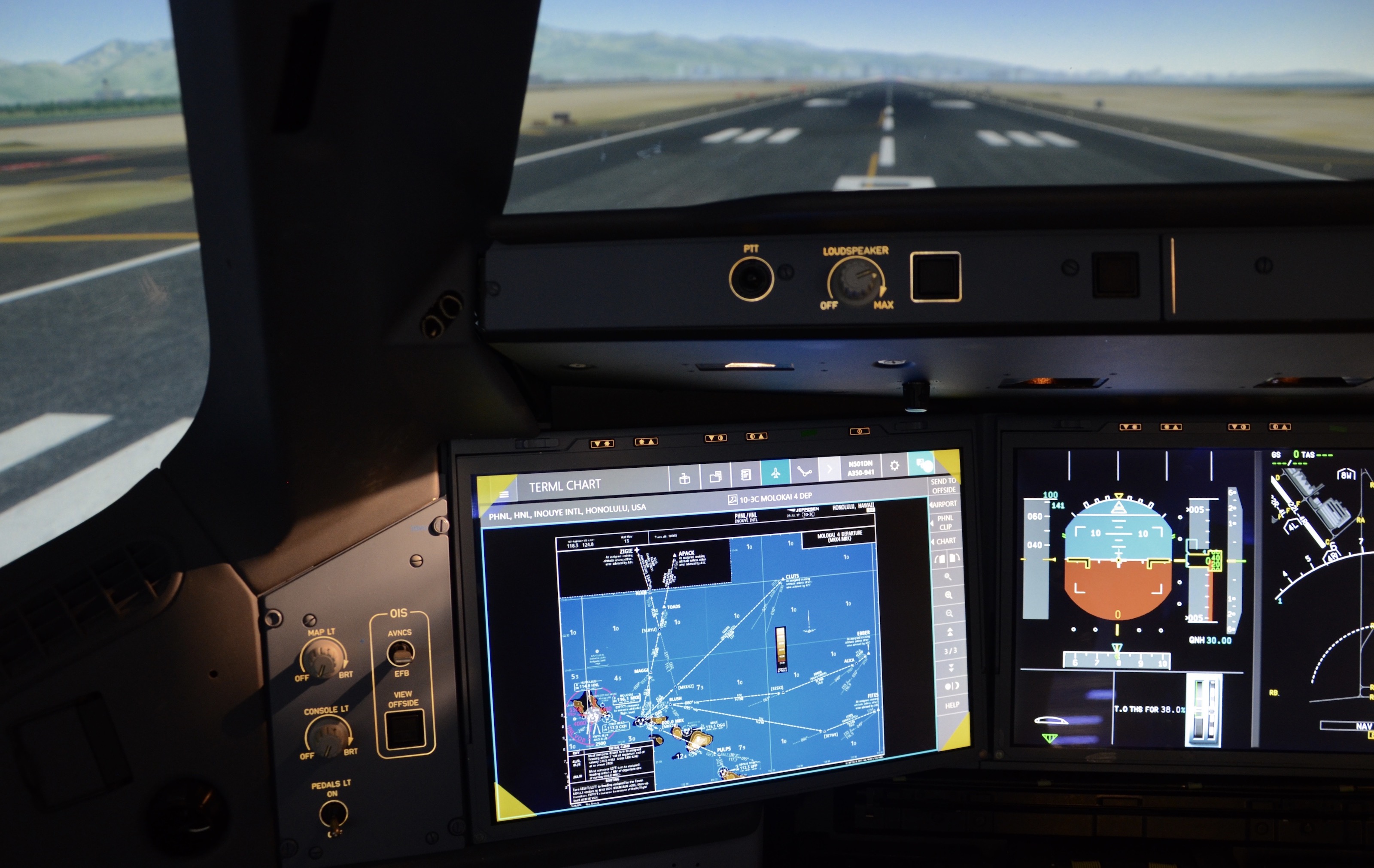 A Delta Air Lines Airbus A350 simulator is positioned for takeoff from Honolulu Airport in 2017.