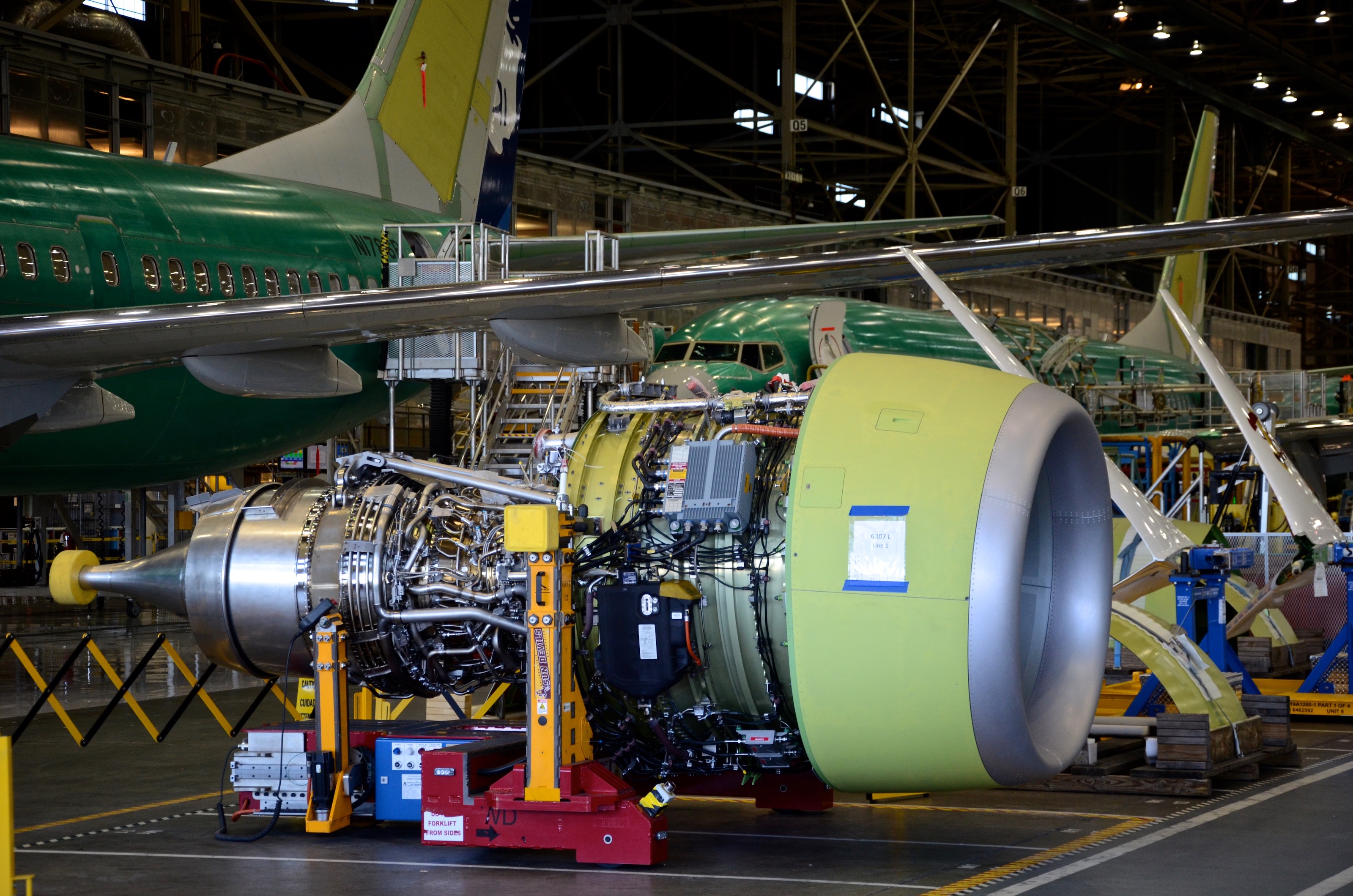 A CFM56-7B engine on Boeing's 737 final assembly line in Renton, Wash.