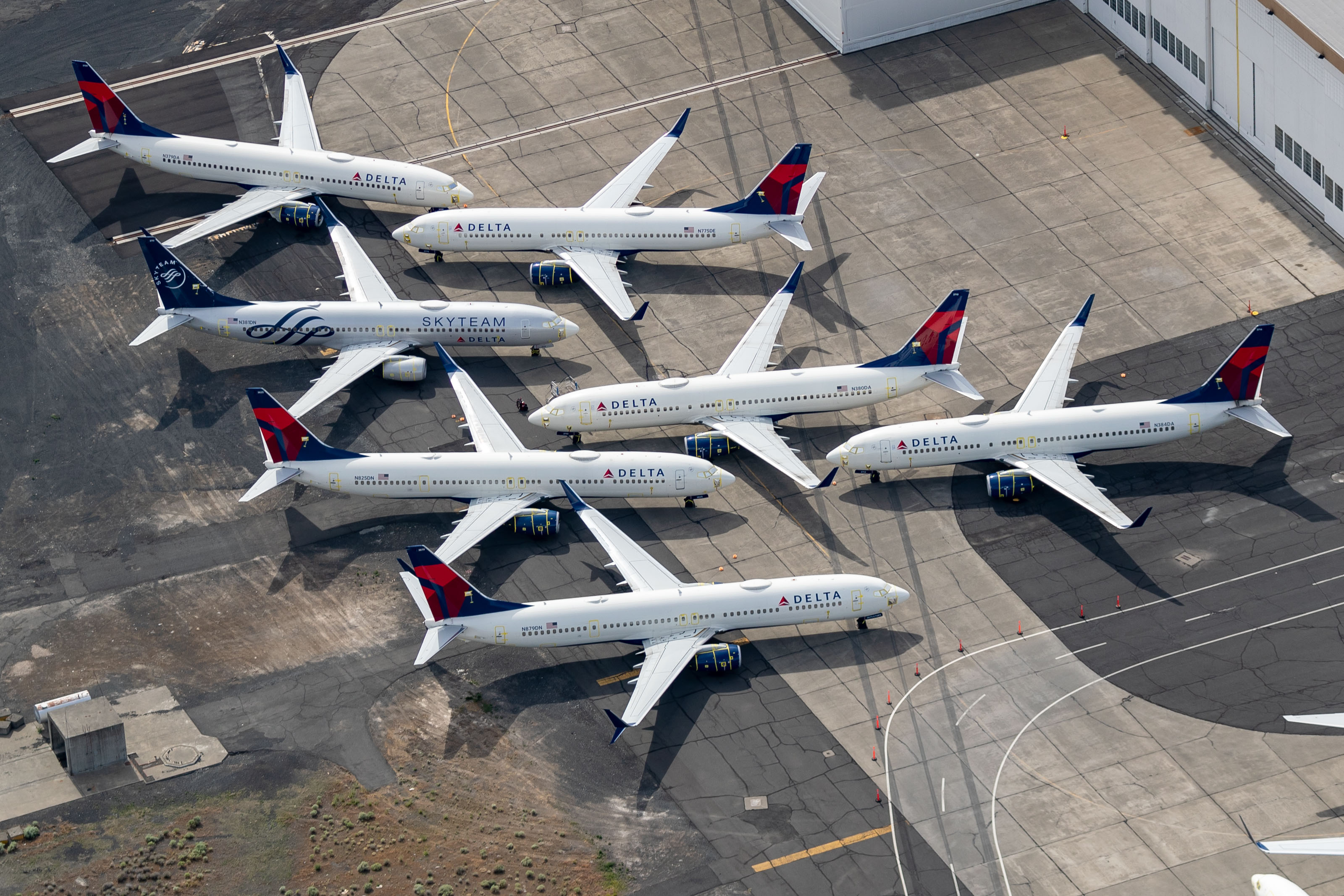 Delta Air Lines Boeing 737s are stored at Grant County Airport in Moses Lake, Wash. as airlines ride out the COVID-19 pandemic.