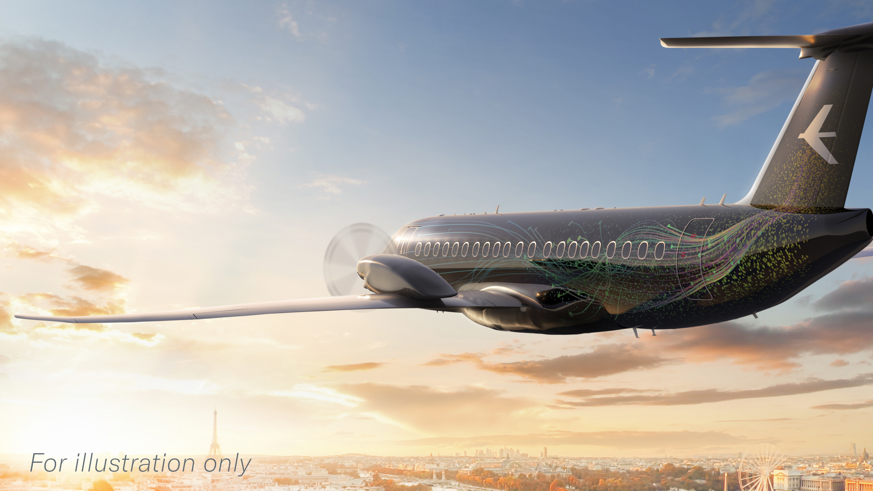 A rendering of the Embraer turboprop concept flying toward a sunrise over Paris, the site of the upcoming 2021 summer air show.