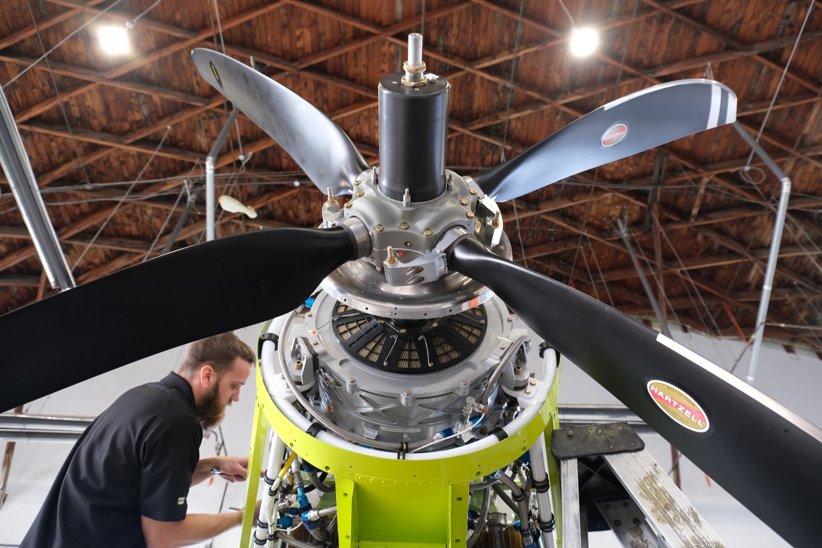 MagniX engineers prepare Harbour Air's MagniX-powered de Havilland Canada DHC-2 Beaver for its first flight in December 2019.