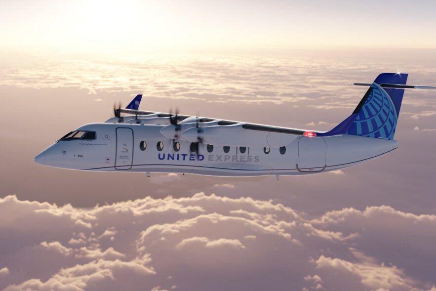 A rendering of Heart Aerospace ES-19 in United Express colors.