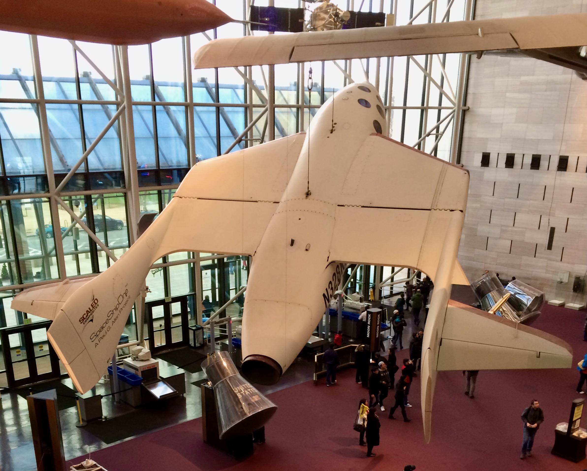 Scaled Composites SpaceShipOne, the first reusable commercial spacecraft, hangs at the Smithsonian Institution's National Air and Space Museum in Washington, D.C.