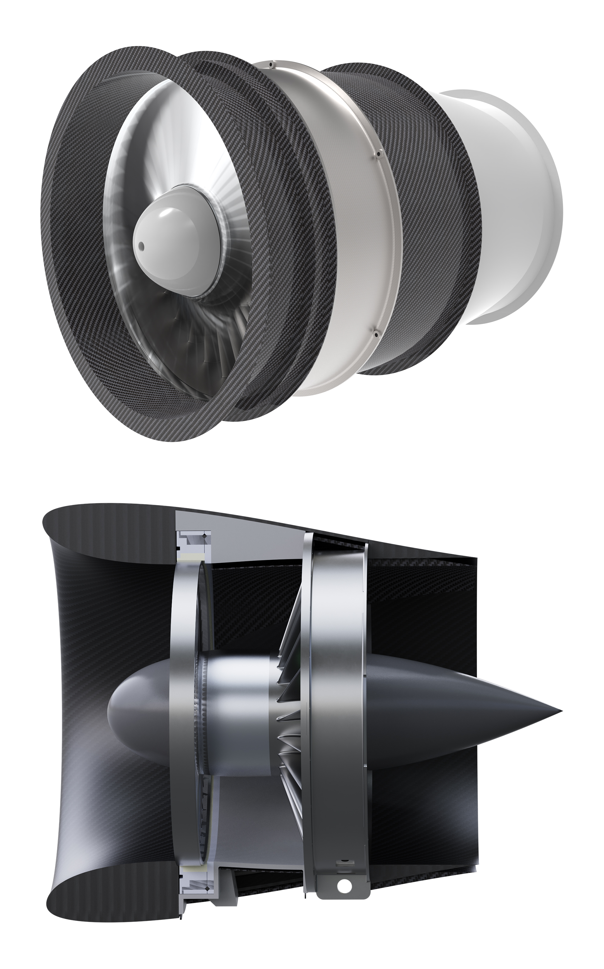 Whisper Aero’s electric ducted fans achieve their low noise and high efficiency through the use of a very high blade count and tip shroud.